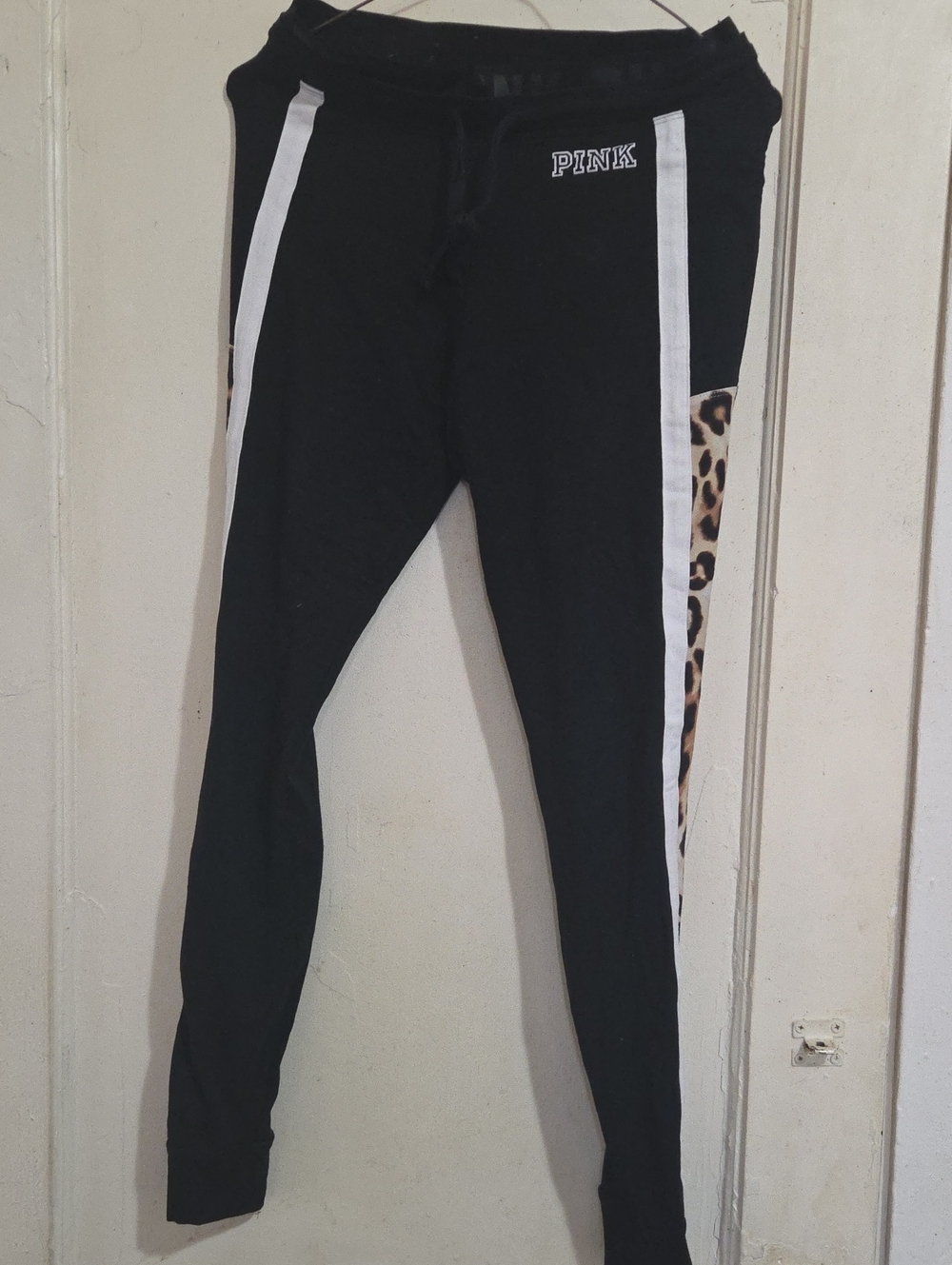 PINK Victoria's Secret Black Leggings with White Stripes and Leopard Panel